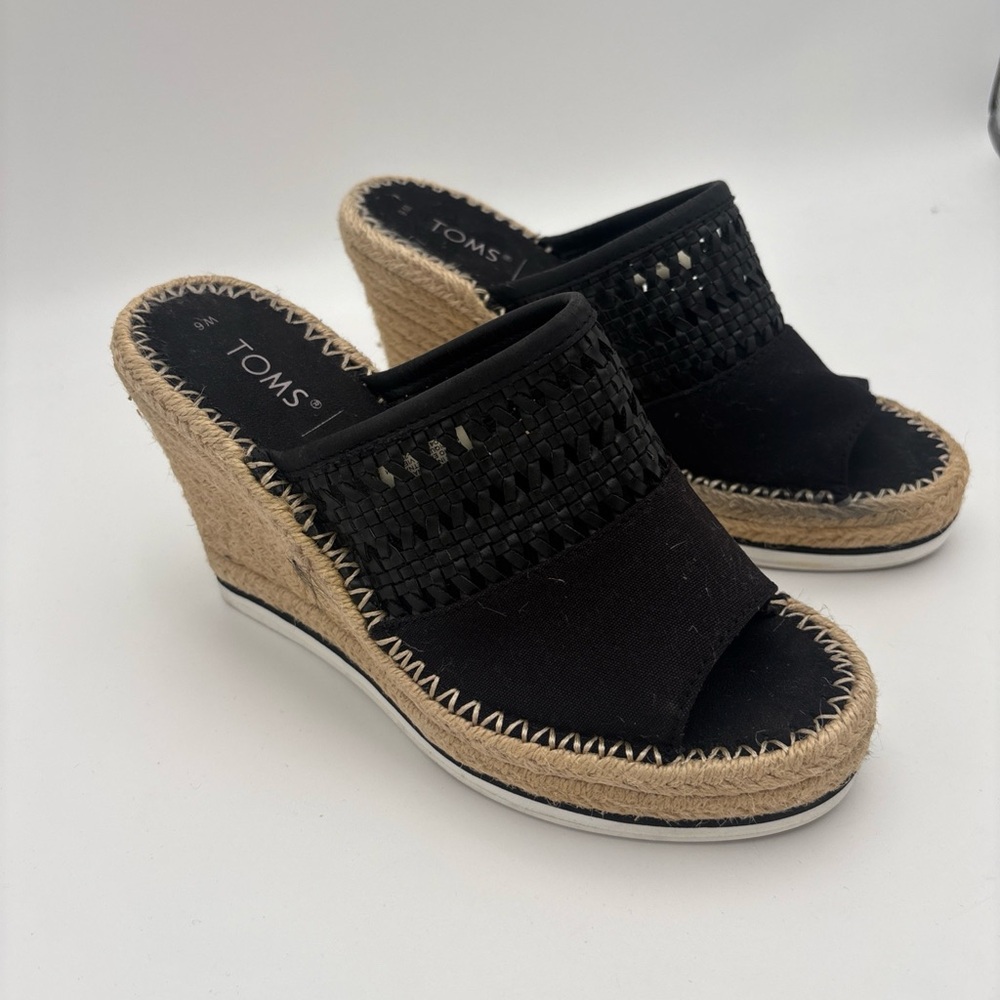 TOMS Black Woven Wedges with Tan Espadrille